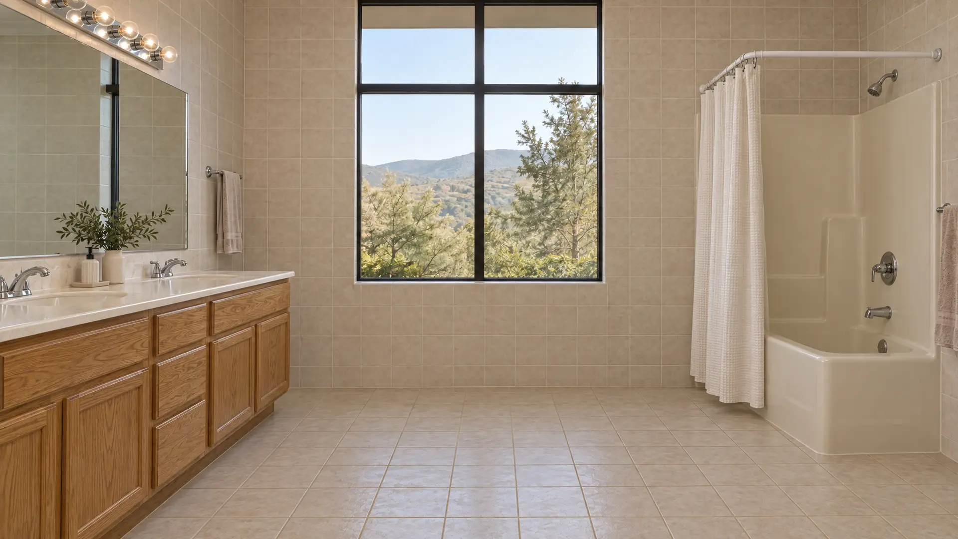Dated bathroom before renovation with fiberglass tub-shower and builder-grade oak vanity