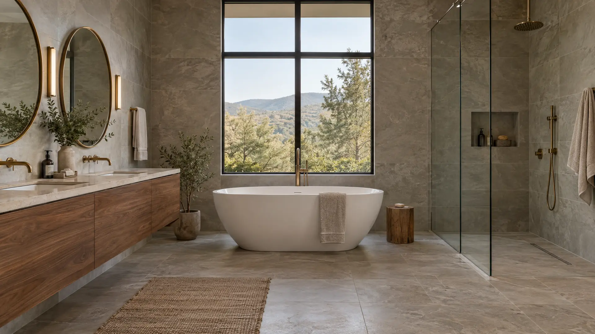Spa-style primary bathroom with freestanding tub, large-format stone tile and frameless glass shower
