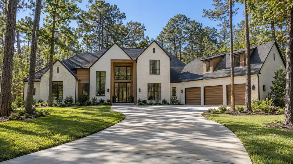 Newly completed modern luxury custom home with white brick and cedar accents on a wooded East Texas lot