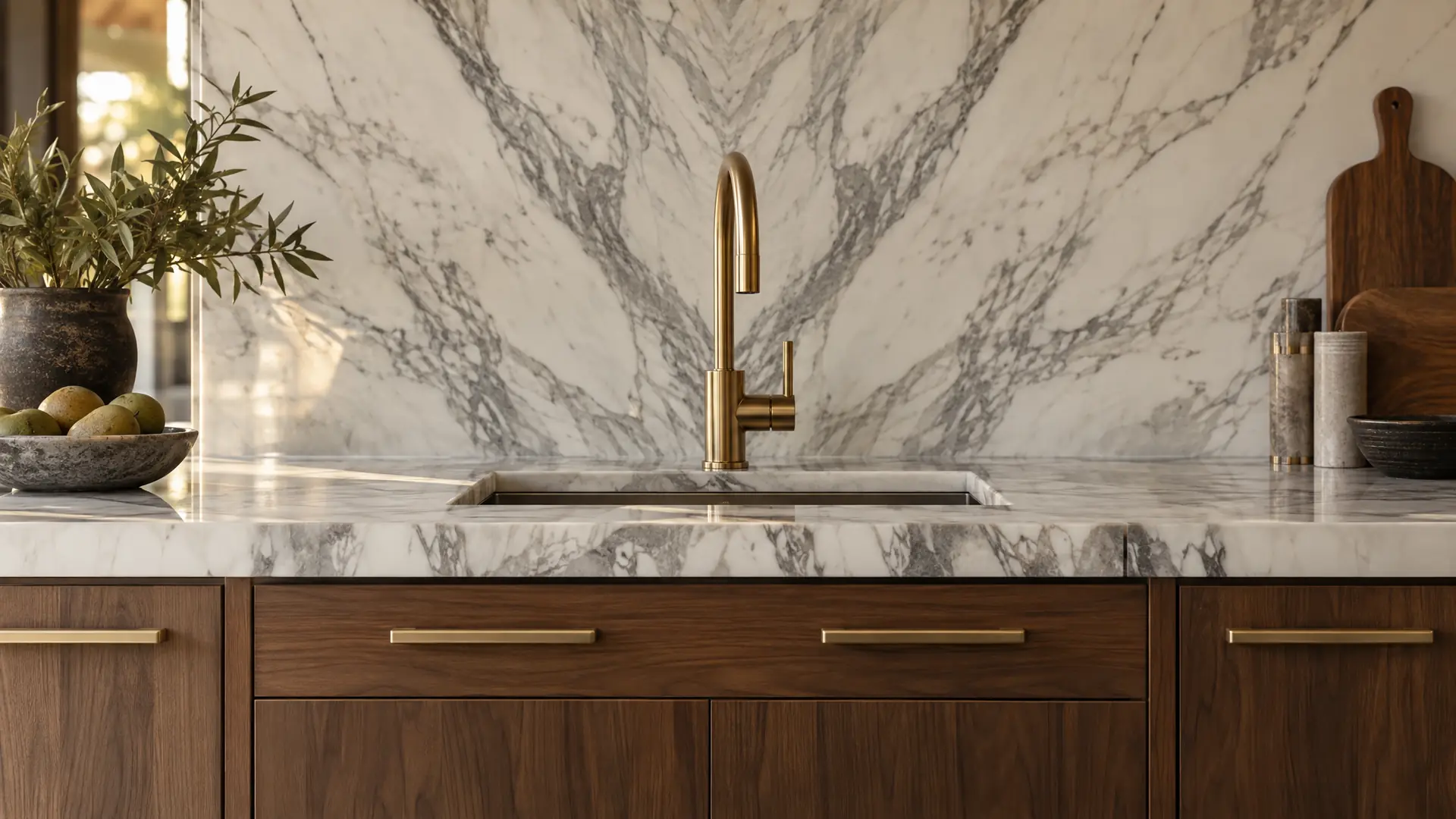 Close-up of luxury finishes: book-matched marble, brushed brass faucet and custom walnut millwork