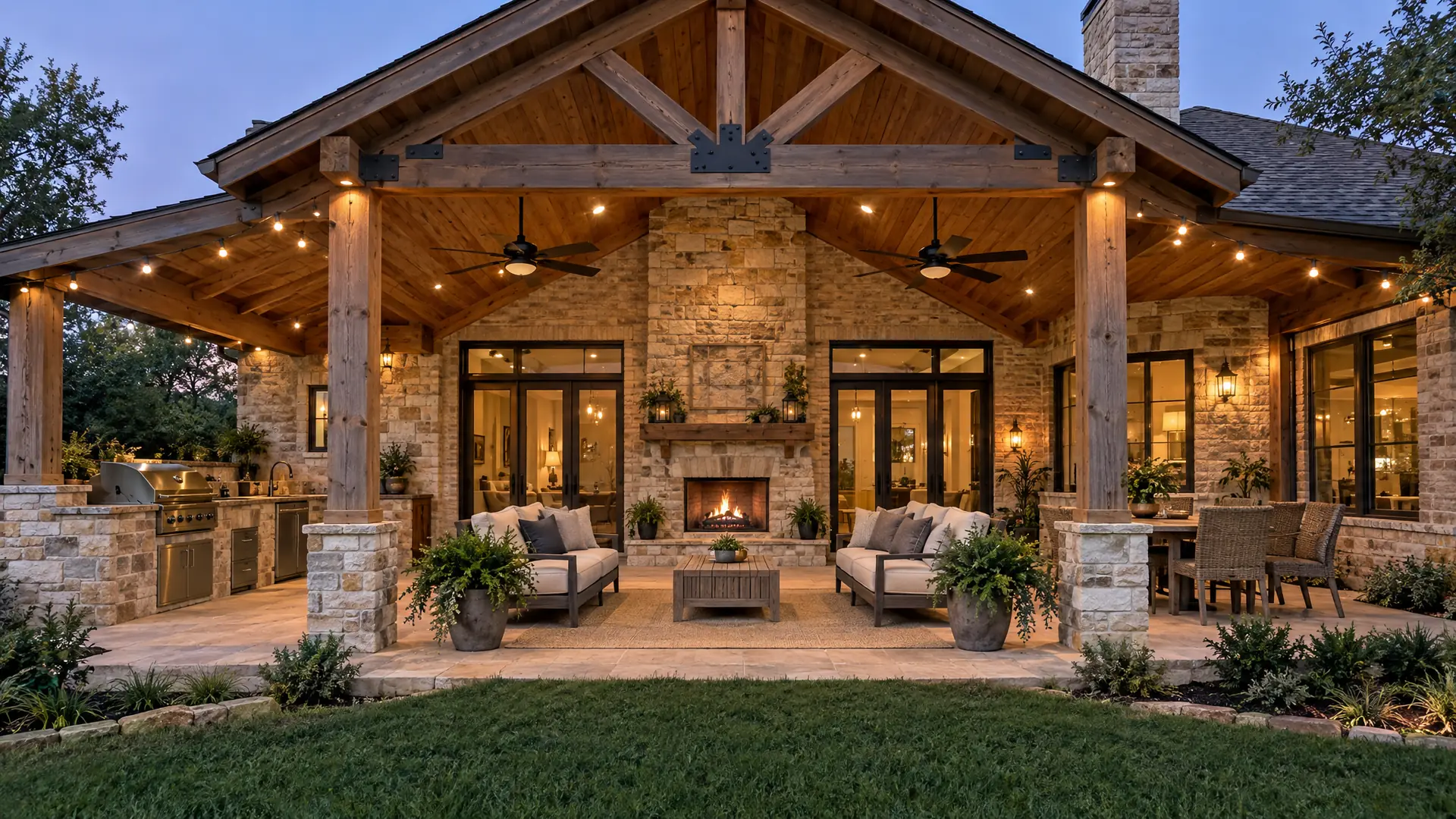 Covered outdoor living space with cedar-beam roof, outdoor kitchen, stone fireplace and lounge seating
