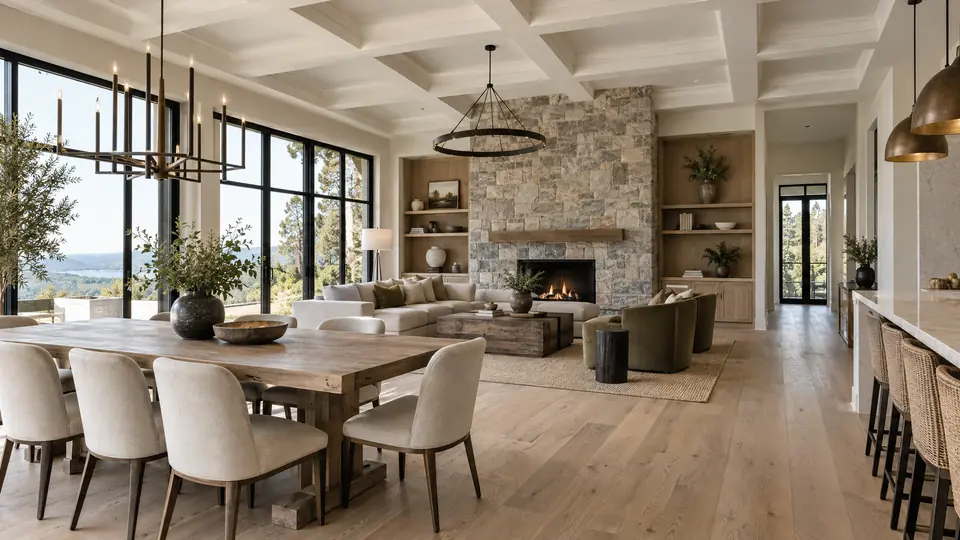 Renovated open-concept living and dining space with white-oak floors, coffered ceiling and stone fireplace